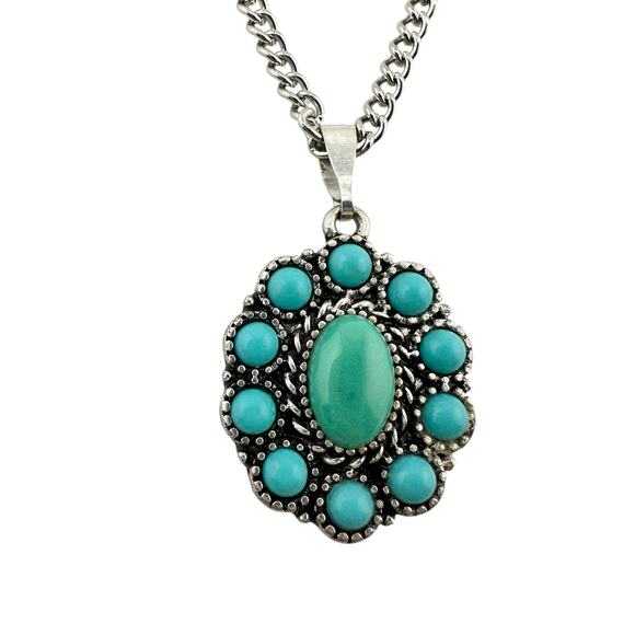 Chaps Faux Turquoise Southwest Style Oval Silver Tone Pendant 18" Necklace - Picture 1 of 5
